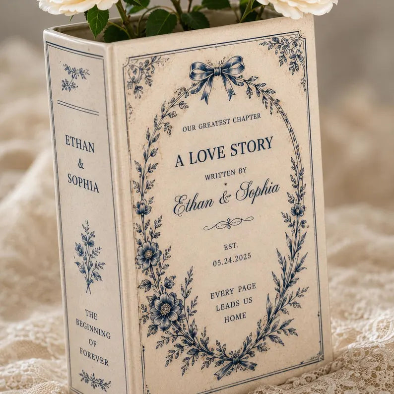 Personalized Ceramic Book Vase, Custom Wedding Book Flower Vase, Couple Anniversary Gift, Literary Home Decor, Bridal Shower Keepsake