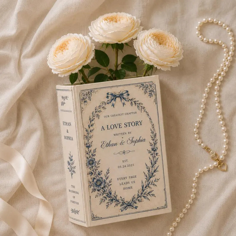 Personalized Ceramic Book Vase, Custom Wedding Book Flower Vase, Couple Anniversary Gift, Literary Home Decor, Bridal Shower Keepsake