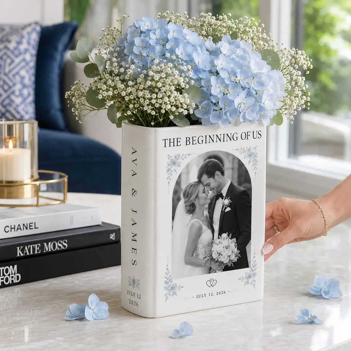 Custom Wedding Photo Ceramic Book Vase, Personalized Romantic Newlyweds Gift for Couple, Anniversary Flower Vase, Bride Groom Keepsake