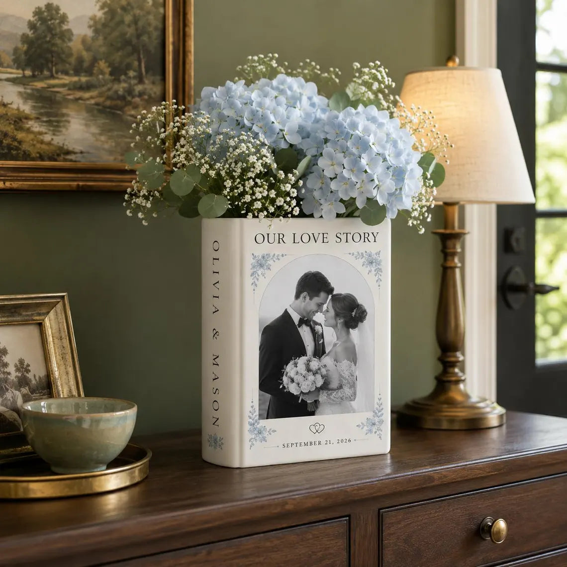Custom Wedding Photo Ceramic Book Vase, Personalized Romantic Newlyweds Gift for Couple, Anniversary Flower Vase, Bride Groom Keepsake