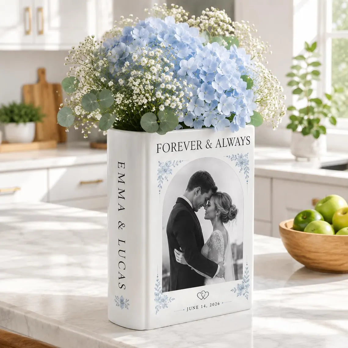 Custom Wedding Photo Ceramic Book Vase, Personalized Romantic Newlyweds Gift for Couple, Anniversary Flower Vase, Bride Groom Keepsake