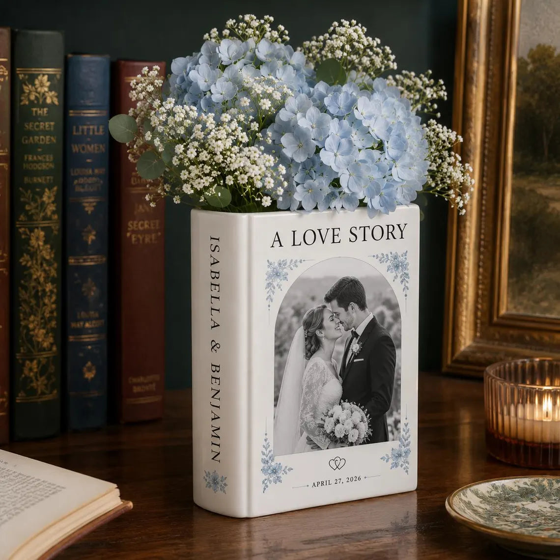 Custom Wedding Photo Ceramic Book Vase, Personalized Romantic Newlyweds Gift for Couple, Anniversary Flower Vase, Bride Groom Keepsake