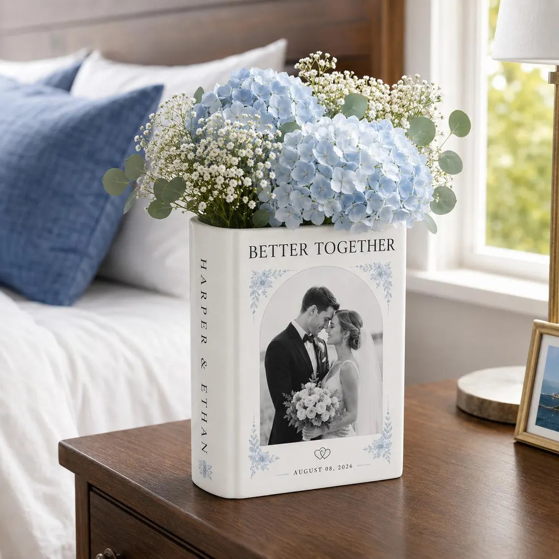 Custom Wedding Photo Ceramic Book Vase, Personalized Romantic Newlyweds Gift for Couple, Anniversary Flower Vase, Bride Groom Keepsake