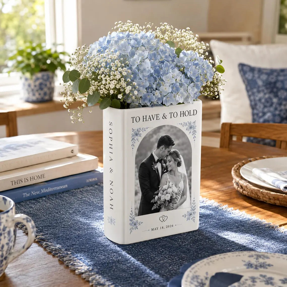 Custom Wedding Photo Ceramic Book Vase, Personalized Romantic Newlyweds Gift for Couple, Anniversary Flower Vase, Bride Groom Keepsake