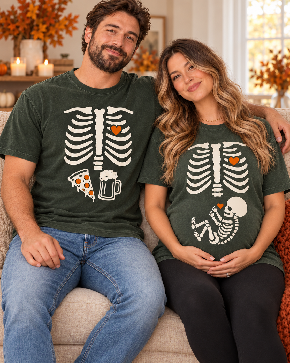 Moss green Dad and Mom skeleton pregnancy announcement tees