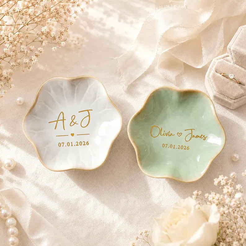 Personalized Ceramic Ring Dish, Custom Jewelry Tray with Gold Engraving, Wedding Ring Holder, Engagement Gift for Her, Mr and Mrs Gift