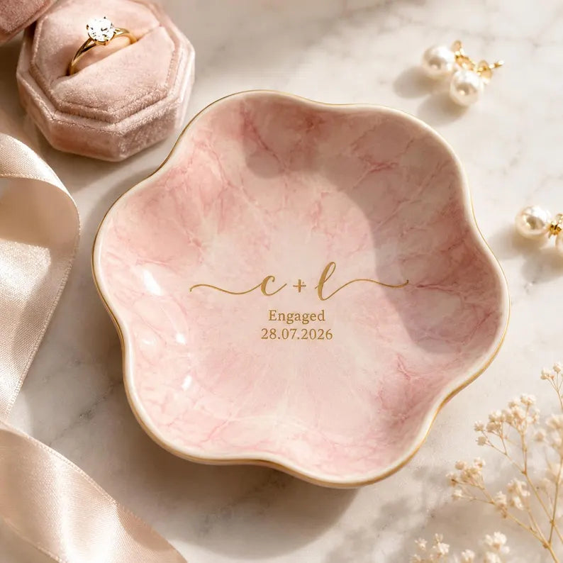 Personalized Ceramic Ring Dish, Custom Jewelry Tray with Gold Engraving, Wedding Ring Holder, Engagement Gift for Her, Mr and Mrs Gift