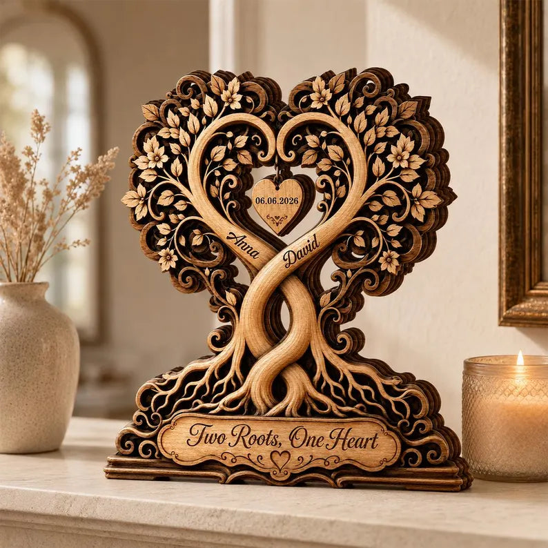 Personalized Wooden Tree of Life Plaque, Custom Couple Names, Romantic Heart Sculpture