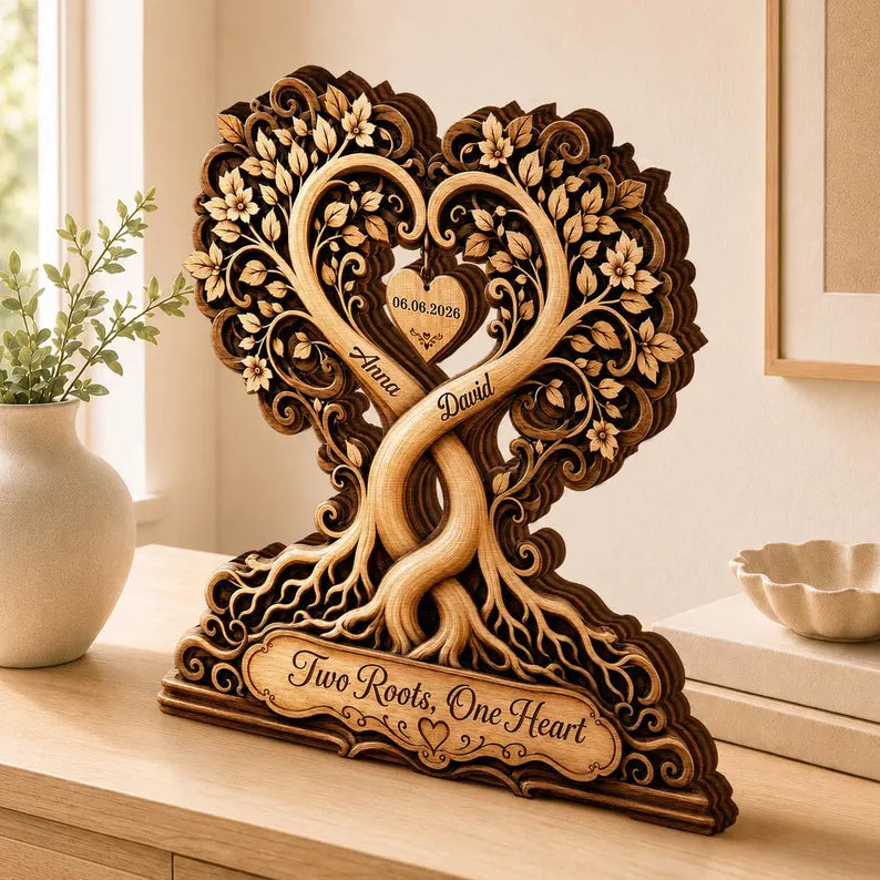 Personalized Wooden Tree of Life Plaque, Custom Couple Names, Romantic Heart Sculpture