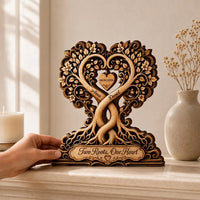 Personalized Wooden Tree of Life Plaque, Custom Couple Names, Romantic Heart Sculpture