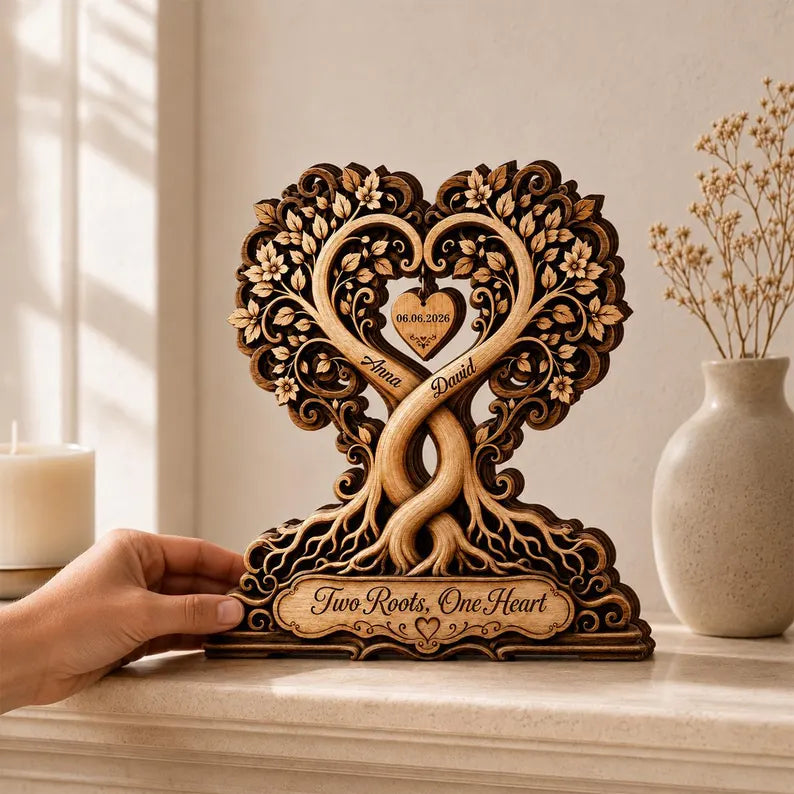 Personalized Wooden Tree of Life Plaque, Custom Couple Names, Romantic Heart Sculpture