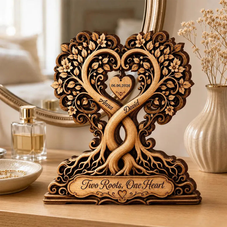 Personalized Wooden Tree of Life Plaque, Custom Couple Names, Romantic Heart Sculpture