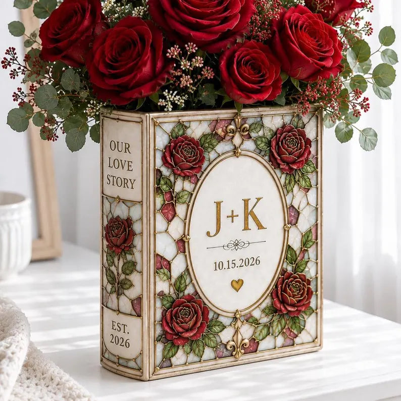 GIFT 2026 Personalized Ceramic Book Vase, Custom Rose Flower Vase, Wedding Anniversary Gift, Literary Home Decor, Couple Keepsake Decor