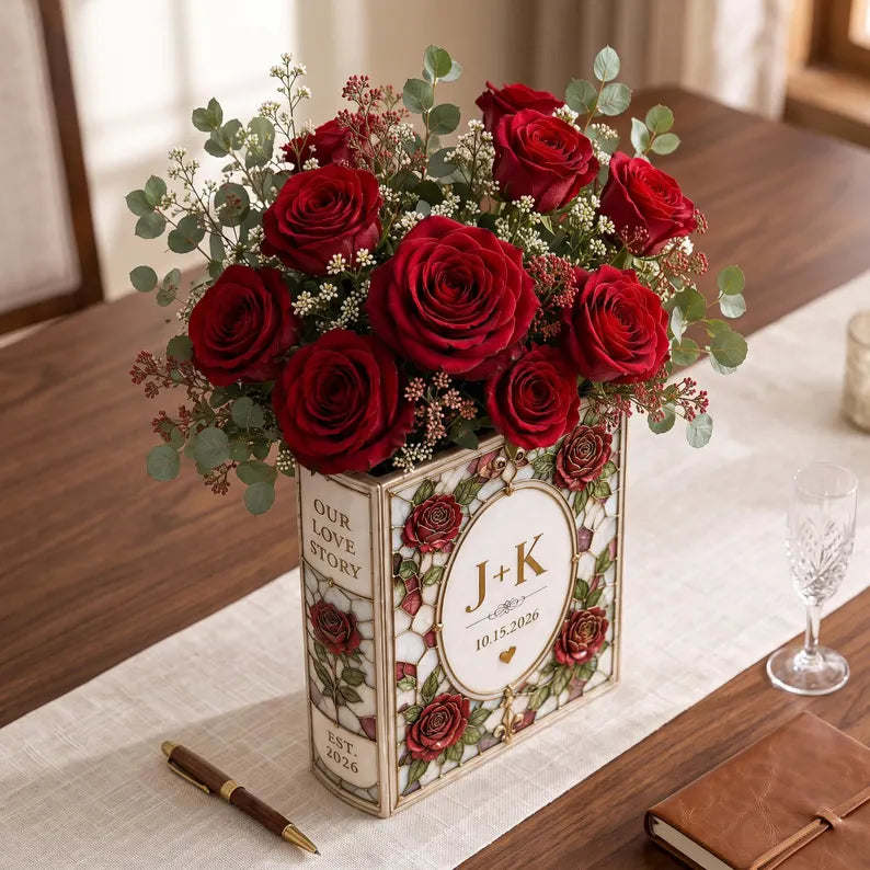 GIFT 2026 Personalized Ceramic Book Vase, Custom Rose Flower Vase, Wedding Anniversary Gift, Literary Home Decor, Couple Keepsake Decor
