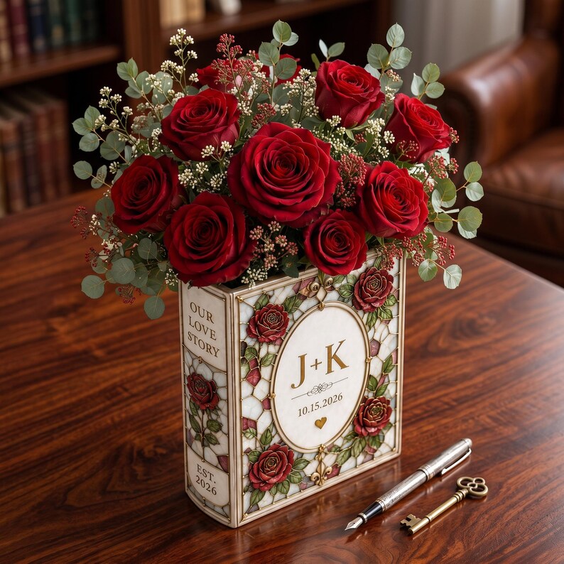GIFT 2026 Personalized Ceramic Book Vase, Custom Rose Flower Vase, Wedding Anniversary Gift, Literary Home Decor, Couple Keepsake Decor