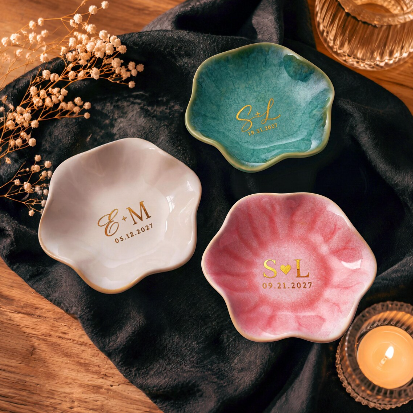 Personalized Wedding Jewelry Tray with Couple Initials and Date, Custom Engagement Ring Dish