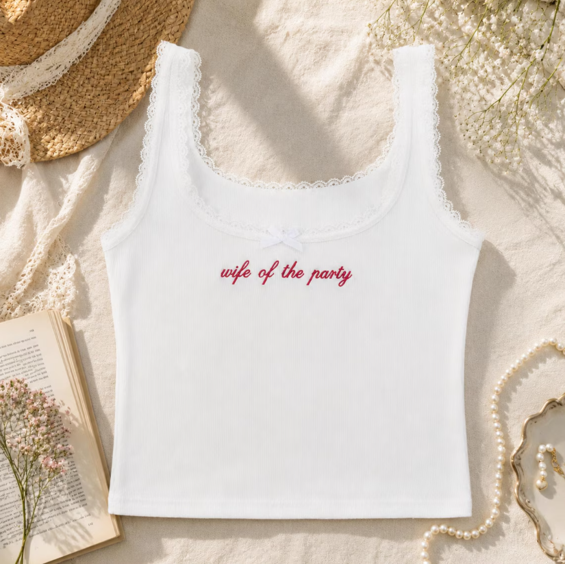 Personalized Embroidered Bridal Lace Tank Top, Custom Bridal Shower Bachelorette Wife Party Shirt
