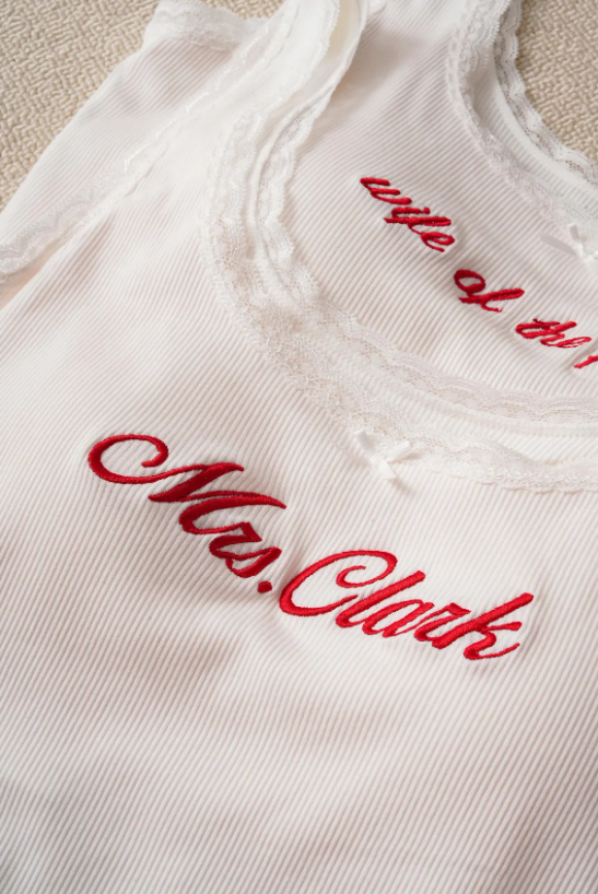 Personalized Embroidered Bridal Lace Tank Top, Custom Bridal Shower Bachelorette Wife Party Shirt