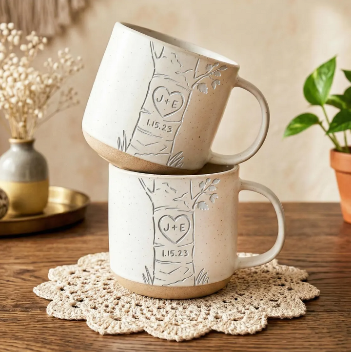 Personalized Engraved Couple Pottery Mug, Custom Carved Initials In A Heart Tree Mug, Wedding Gift, Engagement Gifts, Newlywed Gift