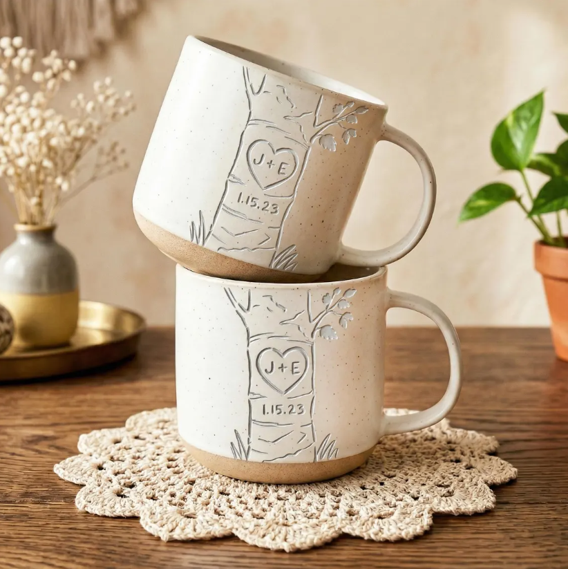 Personalized Engraved Couple Pottery Mug, Custom Carved Initials In A Heart Tree Mug, Wedding Gift, Engagement Gifts, Newlywed Gift