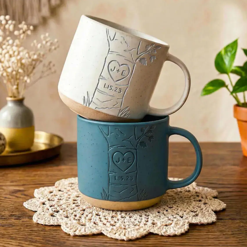Personalized Engraved Couple Pottery Mug, Custom Carved Initials In A Heart Tree Mug, Wedding Gift, Engagement Gifts, Newlywed Gift