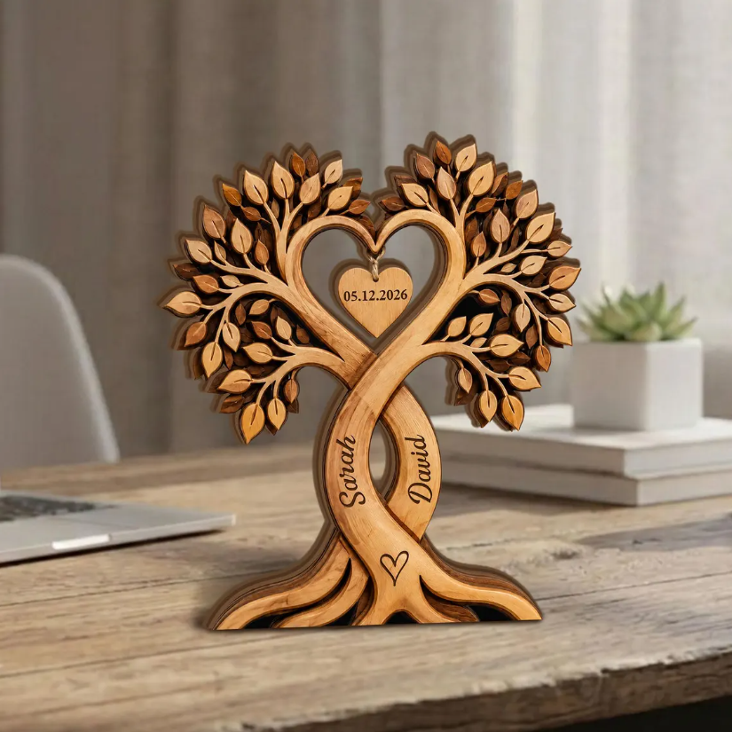 Custom Couple Heart Tree Wooden Block, Personalized Couple Name Sign, Anniversary Gifts, Rustic Wedding Gifts