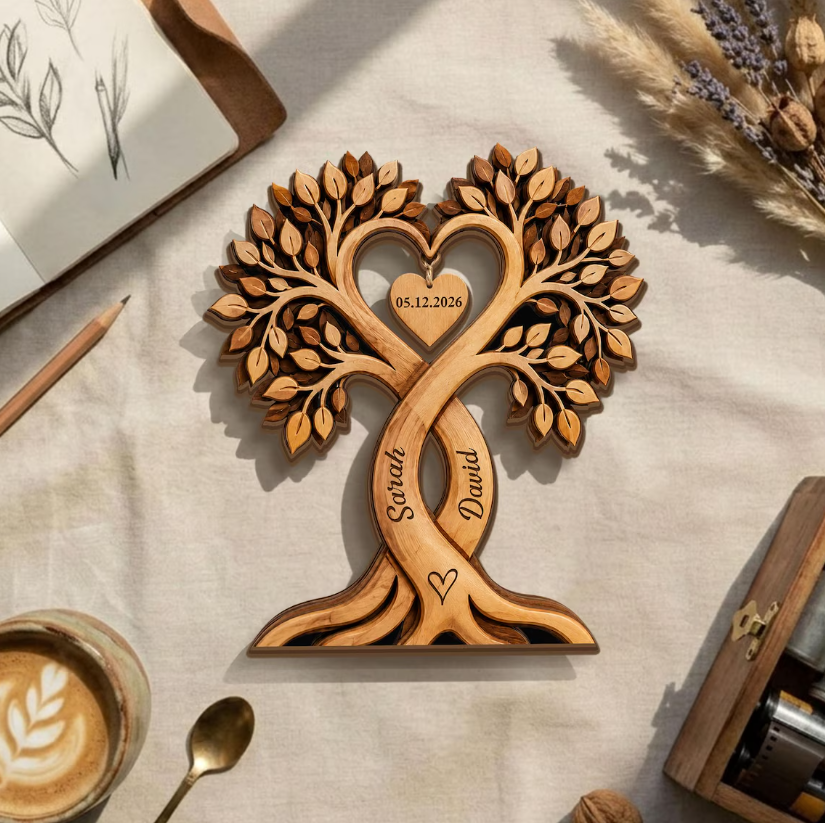 Custom Couple Heart Tree Wooden Block, Personalized Couple Name Sign, Anniversary Gifts, Rustic Wedding Gifts
