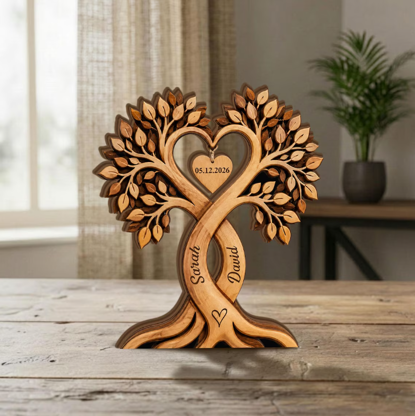 Custom Couple Heart Tree Wooden Block, Personalized Couple Name Sign, Anniversary Gifts, Rustic Wedding Gifts