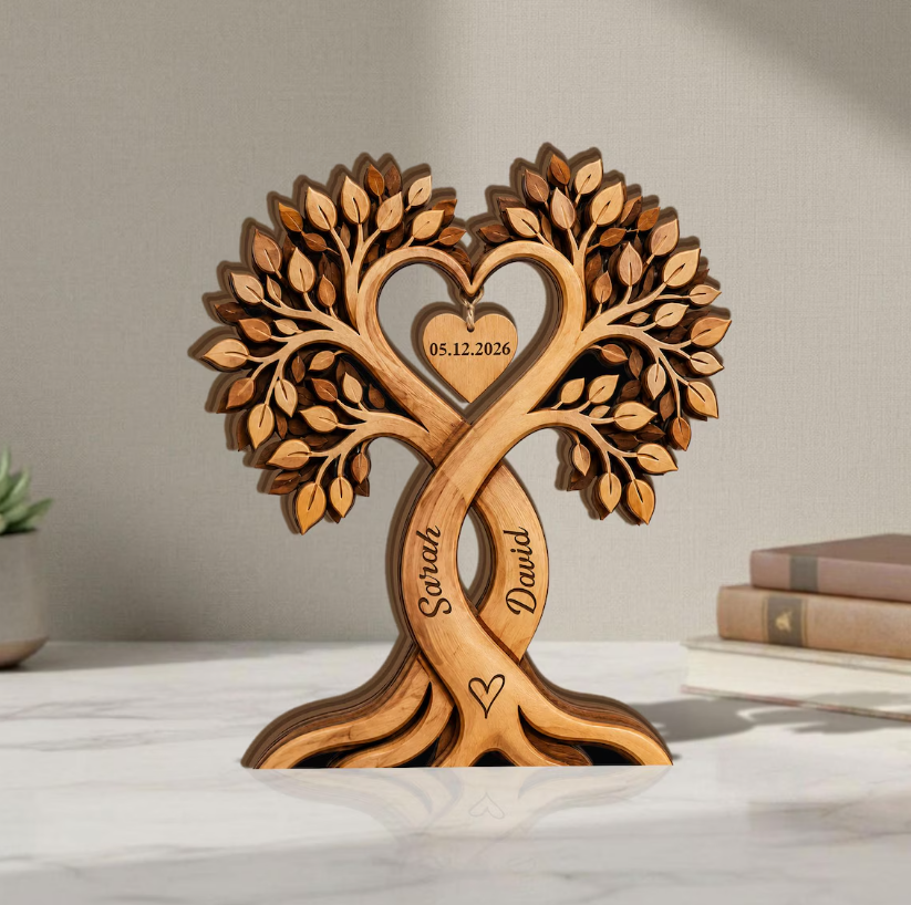 Custom Couple Heart Tree Wooden Block, Personalized Couple Name Sign, Anniversary Gifts, Rustic Wedding Gifts