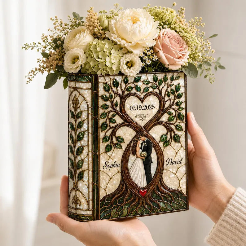 Personalized Stained Glass Wedding Book Vase, Custom Couple Heart Tree Vase, Bridal Shower Gift, Anniversary Keepsake, Gift for Bride