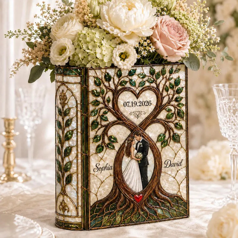 Personalized Stained Glass Wedding Book Vase, Custom Couple Heart Tree Vase, Bridal Shower Gift, Anniversary Keepsake, Gift for Bride