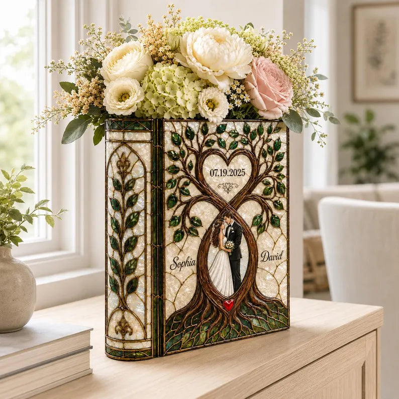 Personalized Stained Glass Wedding Book Vase, Custom Couple Heart Tree Vase, Bridal Shower Gift, Anniversary Keepsake, Gift for Bride
