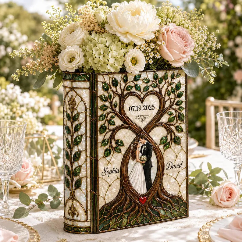 Personalized Stained Glass Wedding Book Vase, Custom Couple Heart Tree Vase, Bridal Shower Gift, Anniversary Keepsake, Gift for Bride