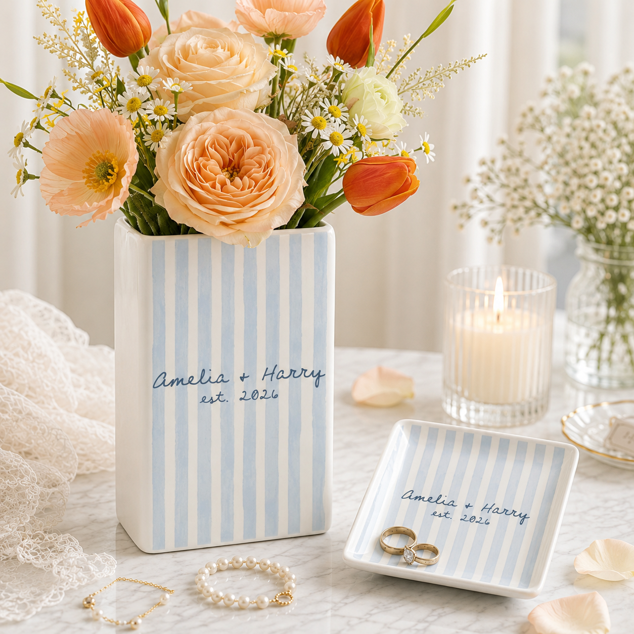 Personalized Engagement Ceramic Book Vase, Custom Striped Couple Name Book Vase, Striped Engaged Gift, Gift For Bride, Wedding Couple Gift