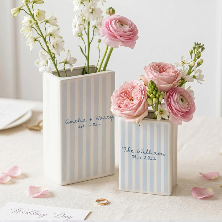 Personalized Engagement Ceramic Book Vase, Custom Striped Couple Name Book Vase, Striped Engaged Gift, Gift For Bride, Wedding Couple Gift