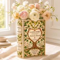 Custom Love Story book vase filled with pastel wedding flowers