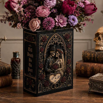 Persionalization Til Death Do Us Part Skeleton Couple Ceramic Book Vase, Skeleton Lovers, Gothic Wedding Decor