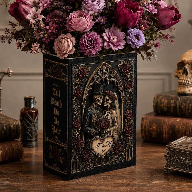 Persionalization Til Death Do Us Part Skeleton Couple Ceramic Book Vase, Skeleton Lovers, Gothic Wedding Decor