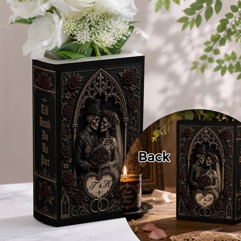 Persionalization Til Death Do Us Part Skeleton Couple Ceramic Book Vase, Skeleton Lovers, Gothic Wedding Decor