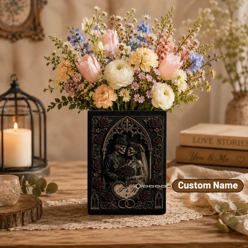 Persionalization Til Death Do Us Part Skeleton Couple Ceramic Book Vase, Skeleton Lovers, Gothic Wedding Decor