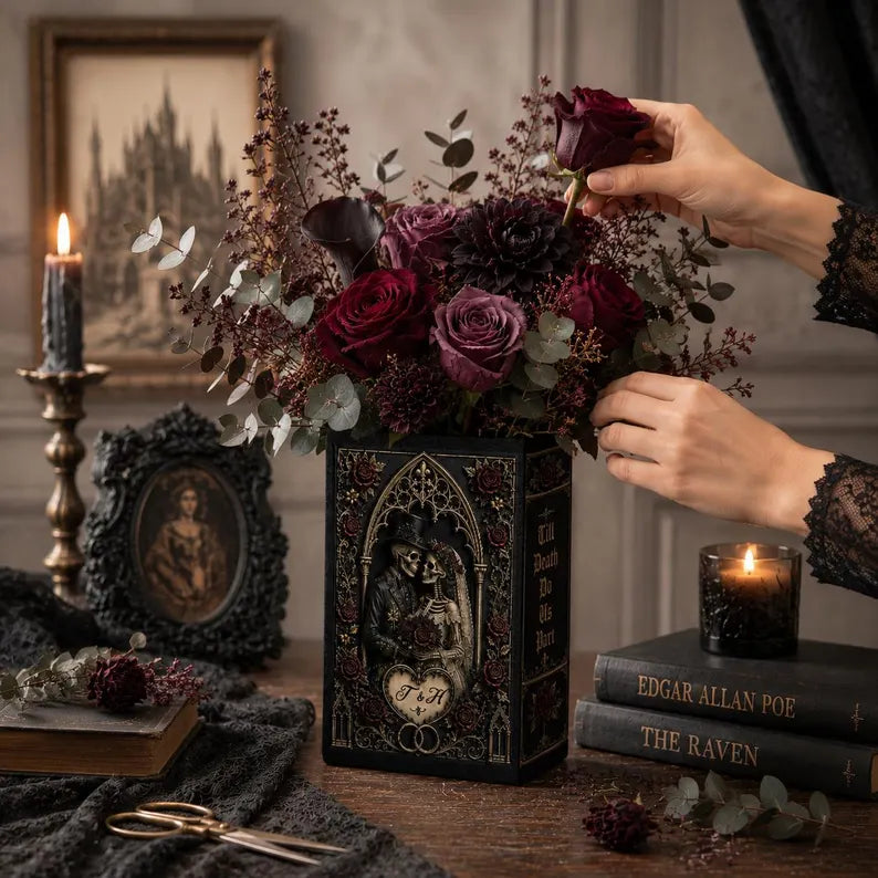 Persionalization Til Death Do Us Part Skeleton Couple Ceramic Book Vase, Skeleton Lovers, Gothic Wedding Decor