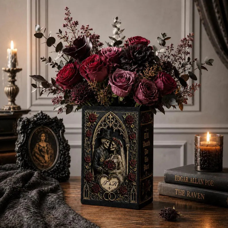 Persionalization Til Death Do Us Part Skeleton Couple Ceramic Book Vase, Skeleton Lovers, Gothic Wedding Decor