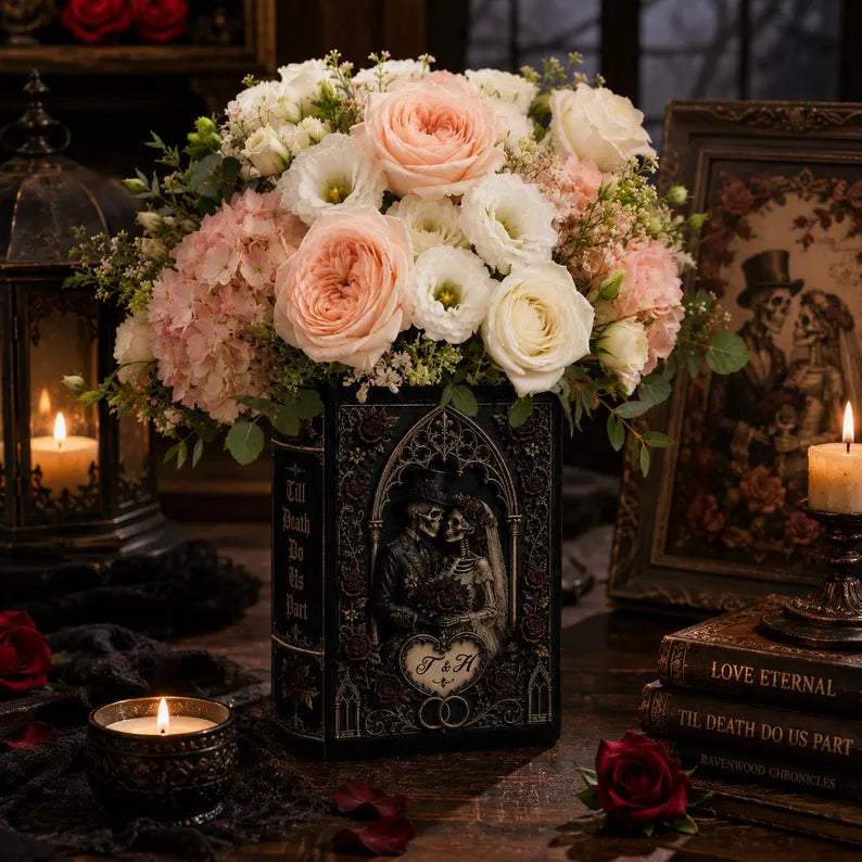 Persionalization Til Death Do Us Part Skeleton Couple Ceramic Book Vase, Skeleton Lovers, Gothic Wedding Decor