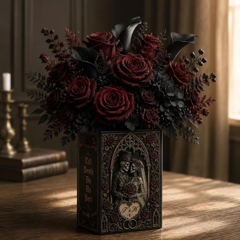 Persionalization Til Death Do Us Part Skeleton Couple Ceramic Book Vase, Skeleton Lovers, Gothic Wedding Decor