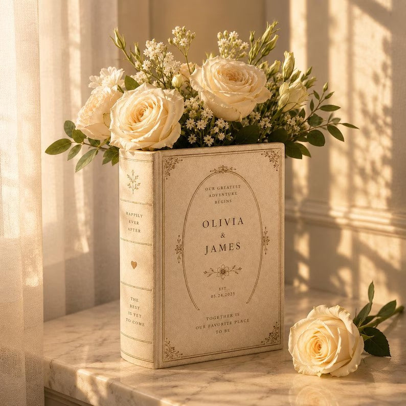 Custom Toile De Jouy Ceramic Book Vase, Personalised Wedding Gift for Couple, Bridal Shower Gift, Engagement, Wedding Gift, Bridesmaid Gifts
