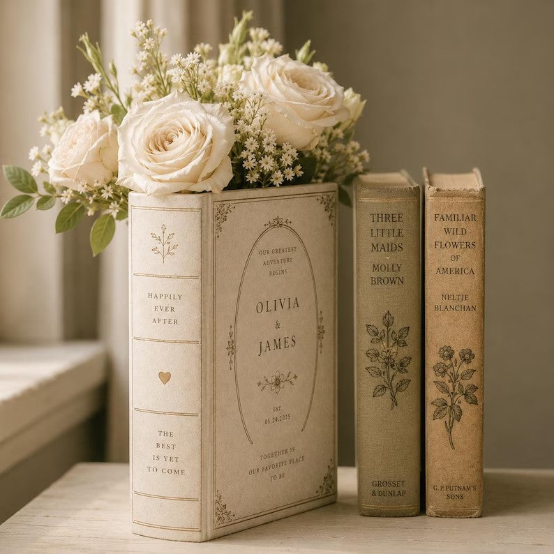 Custom Toile De Jouy Ceramic Book Vase, Personalised Wedding Gift for Couple, Bridal Shower Gift, Engagement, Wedding Gift, Bridesmaid Gifts