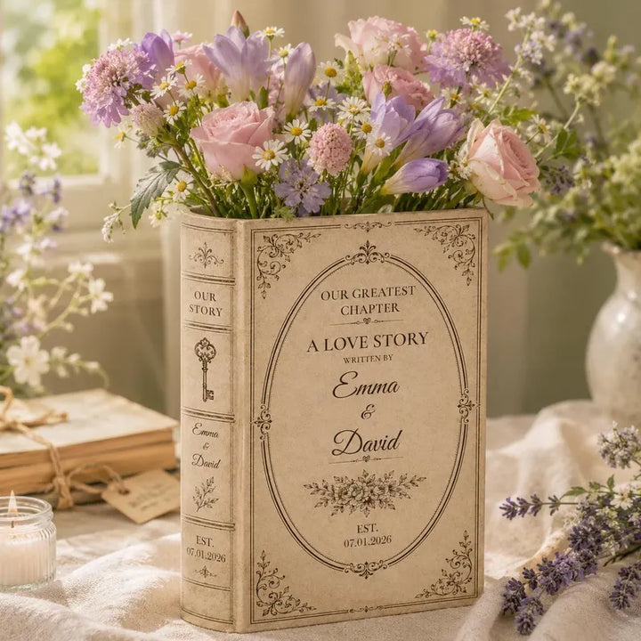 Customized Love Story Ceramic Book Vase, Wedding Gift for Couple, Bridal Shower Gift, Engagement Gift