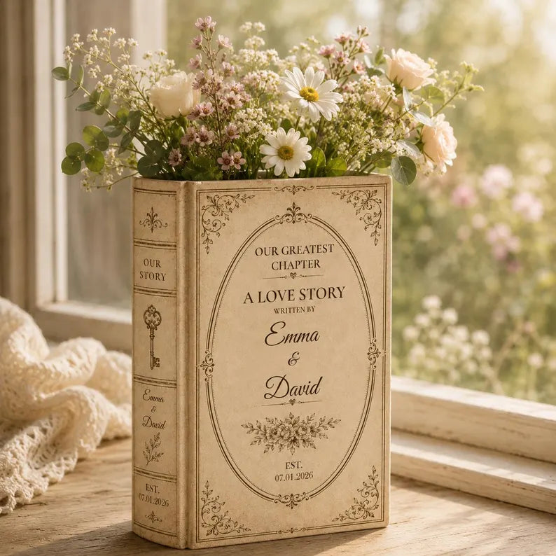 Customized Love Story Ceramic Book Vase, Wedding Gift for Couple, Bridal Shower Gift, Engagement Gift