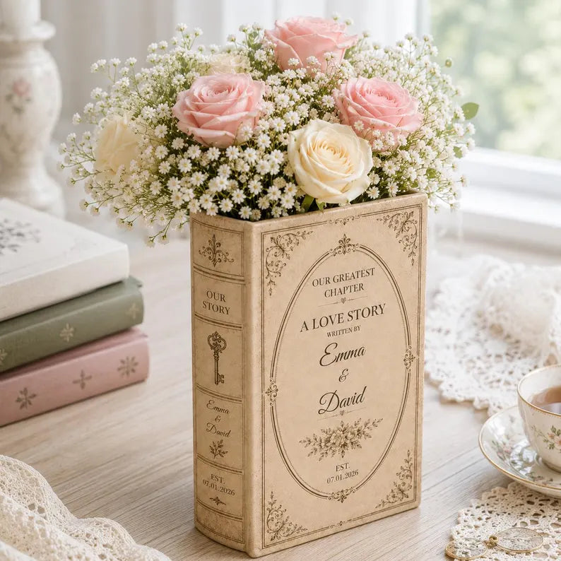 Customized Love Story Ceramic Book Vase, Wedding Gift for Couple, Bridal Shower Gift, Engagement Gift