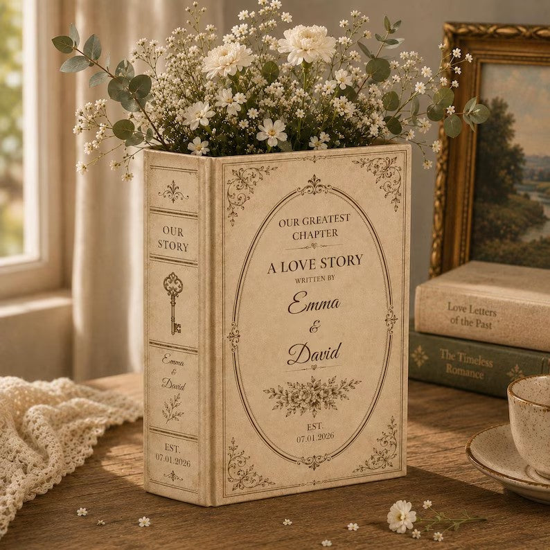 Customized Love Story Ceramic Book Vase, Wedding Gift for Couple, Bridal Shower Gift, Engagement Gift